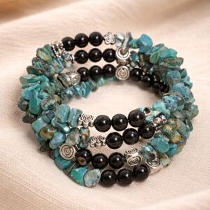 Turquoise & Black Onyx Style Coil Wrap Bracelet – Boho Southwestern – New